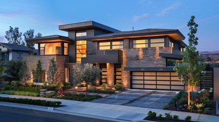Fototapeta premium Modern Luxury Home with Stone Facade and Large Windows
