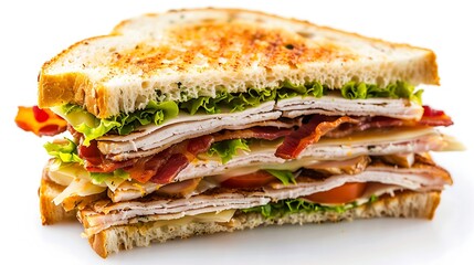 A satisfying club sandwich featuring turkey, crispy bacon, lettuce, tomato, and mayo, layered between golden toasted bread.
