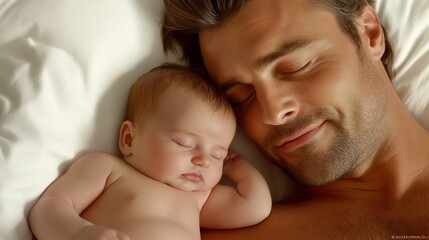 A man and baby sleeping together in bed, with a pillow, AI