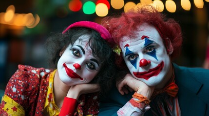 Obraz premium Surprised clowns, man and woman entertainers as Joker in a suit and wig, with clown whiteface makeup. Trickster, jester, pantomime, mime, and a professional actors at events, birthday party.