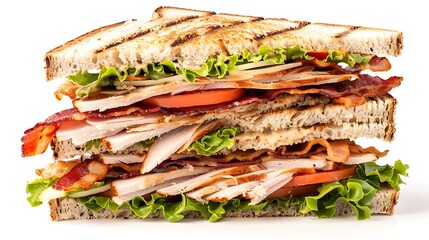 A freshly made classic club sandwich stacked with turkey, bacon, lettuce, and tomato on perfectly toasted bread slices.
