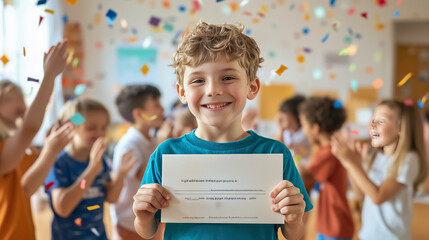 Young Boy Proudly Holding up a Certificate in a Lively Classroom