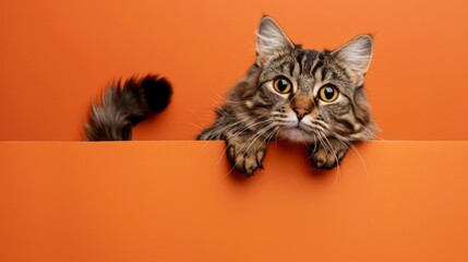 A curious tabby cat with green eyes peeks over an orange surface with its paws resting on the edge...