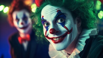 Surprised clowns, man and woman entertainers as Joker in a suit and wig, with clown whiteface makeup. Trickster, jester, pantomime, mime, and a professional actors at events, birthday party.
