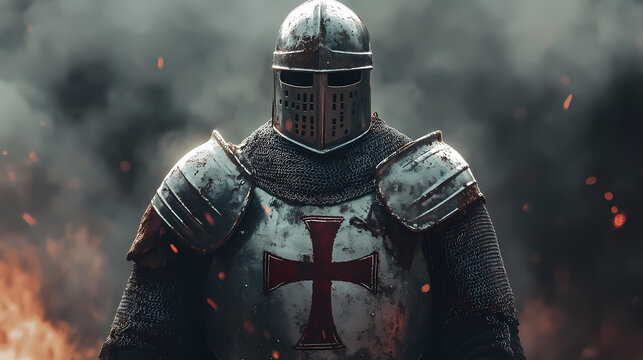 Medieval knight in full armor with the templars cross in the crusade, generative ai. Knight. Illustration