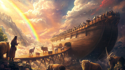Noah on the Deck of the Ark With Animals Under a Colorful Sky