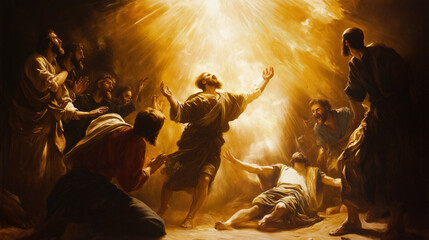 The Conversion of Saul Depicted Through Divine Light in a Crowd