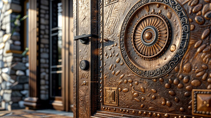 large wooden door with intricate carvings and a black lock