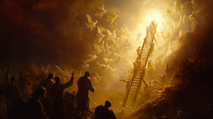 Jacob Dreams of the Ladder to Heaven With Angels in the Night Sky