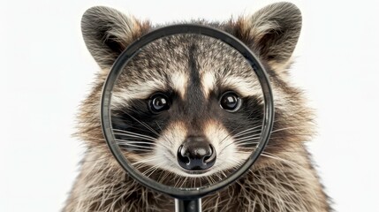 A raccoon's face is magnified through a magnifying glass, looking directly at the camera with a curious expression.