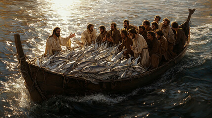 The Miraculous Catch of Fish With Jesus and His Disciples at Sea