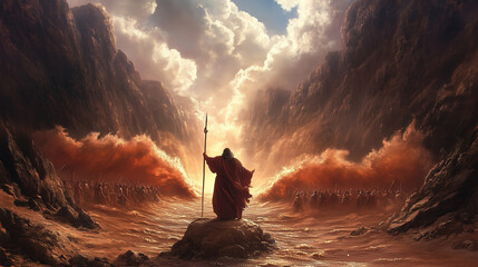 Moses Stands at the Parted Red Sea Leading the Israelites to Freedom