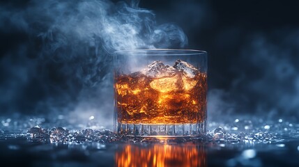 A glass of whiskey with ice cubes on a dark background with smoke.