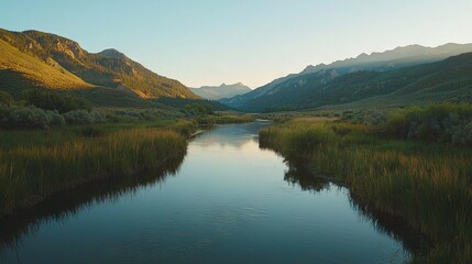   A body of water is encircled by mountains in a lush valley where grass and brushy foliage dominate, dotted with trees in the foreground