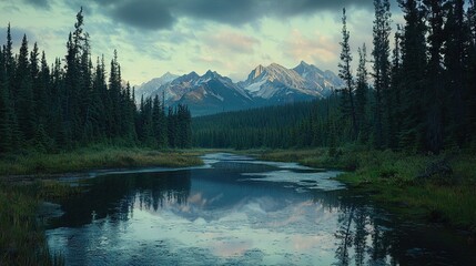 Naklejka premium A river flowing through a dense forest, surrounded by towering mountains and reflecting cloudy skies