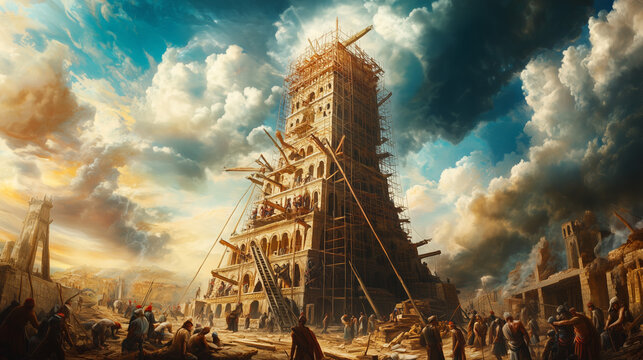 Workers Constructing the Tower of Babel in Ancient Mesopotamia