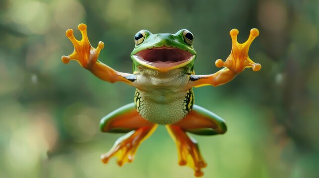 A green tree frog with orange feet leaps towards the camera with its mouth open wide, against a blurred background of green foliage.