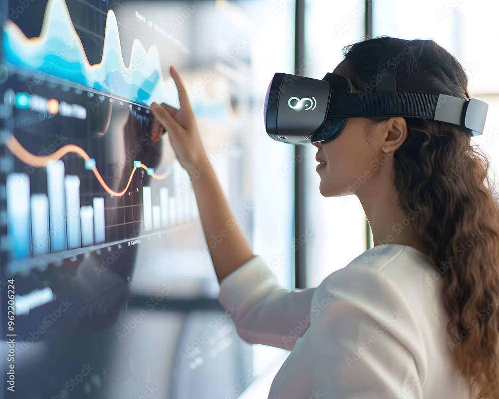 Poster a woman using virtual reality technology to analyze data and interact with digital graphs in a moder