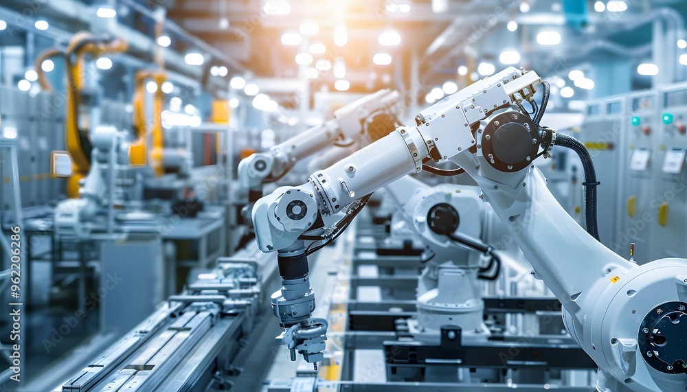 Poster advanced robotic automation in a modern manufacturing facility, showcasing precision and efficiency 