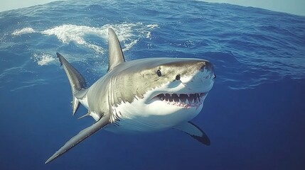 Fototapeta premium A majestic Great White Shark opens its mouth as it swims in crystal-clear blue water close to the shore