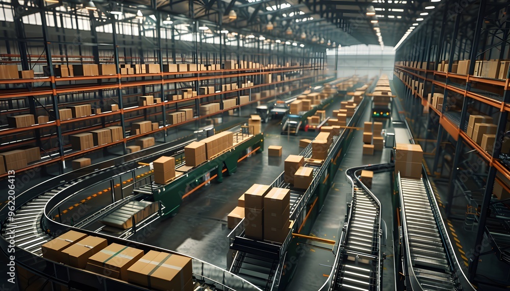 Poster aerial view of a large warehouse with conveyor belts and rows of stacked boxes, showcasing efficient