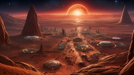Human building a civilisation on planet mars outside of earth. The photo highlighted the red atmosphere of mars.	
