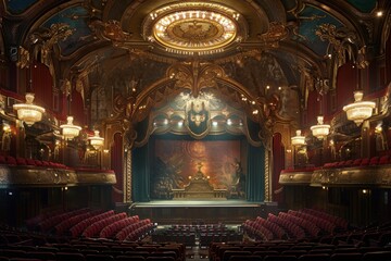 Obraz premium A theater with red seats and a chandelier, generative ai image