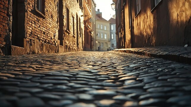 Fototapeta   A cobblestone street in a city with buildings on either side and cobblestones lining it