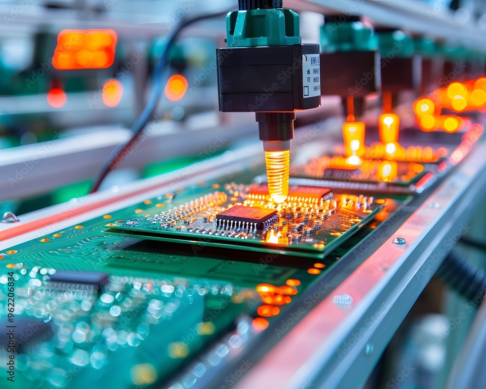 Poster close-up of a circuit board assembly process with robotic machines placing components. vibrant light