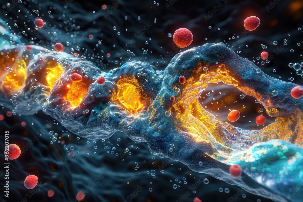 Poster abstract 3d render of a cell with red spheres and bubbles