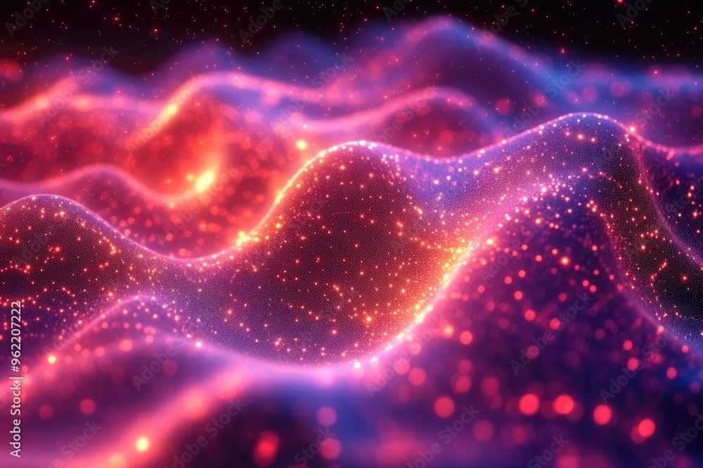Poster abstract background with red and purple glowing particles and bokeh