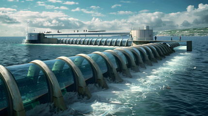 A coastal desalination plant running on tidal energy and providing fresh water to nearby communities 