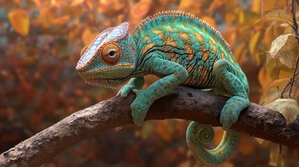Naklejka premium Vibrant Chameleon Displaying Colorful Camouflage, A Close-Up of a Chameleon Blending Seamlessly into Its Lush Green Environment, Showcasing Intricate Scales and Textures.