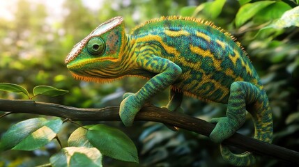 Fototapeta premium Chameleon in vibrant hues, showcasing its ability to blend into lush foliage, textured skin glistening under dappled sunlight, surrounded by rich greenery and vibrant flowers.