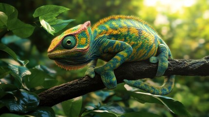 Chameleon in vibrant hues, blending seamlessly with lush foliage, showcasing its remarkable ability to adapt and camouflage in a lively jungle setting, full of life and color.