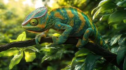 Vibrant Chameleon Displaying Colorful Adaptations in a Lush Tropical Environment, Showcasing Its Unique Camouflage Abilities and Intricate Skin Patterns