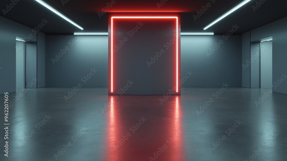Poster a 3d of a minimalist empty room with glowing red neon lines forming a rectangular frame on the back 