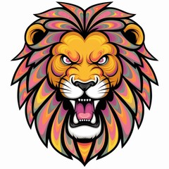 Obraz premium Colorful cartoon op-art style furious lion isolated over white background. 