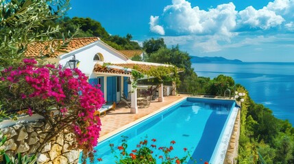 Fototapeta premium idyllic mediterranean villa with terracotta roof and whitewashed walls infinity pool overlooking turquoise sea surrounded by lush olive trees and vibrant bougainvillea