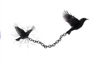 Obraz premium Silhouette of two birds chained together, one struggling to break free, symbolizing freedom and struggle, isolated on white background.