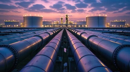 Naklejka premium imposing industrial refinery at dusk maze of pipes and towering storage tanks illuminated against twilight sky reflecting complex energy infrastructure