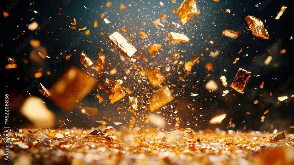 Poster golden confetti cascading through the air on a transparent backdrop, creating a festive atmosphere, 