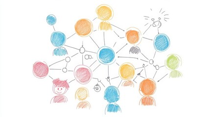 Colorful hand-drawn network representing social connections and teamwork in a playful, artistic style.