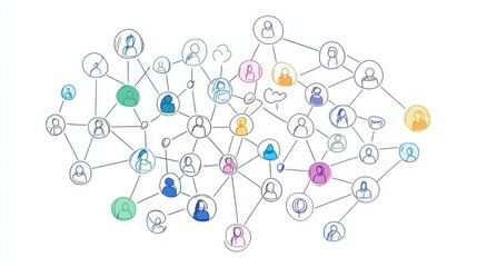 Illustration of a diverse social network connection showing various user icons linked together by different colored lines.
