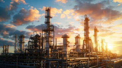 industrial marvel massive oil refinery complex with intricate network of gleaming pipelines towering distillation columns and hightech control systems set against a dramatic sunset sky
