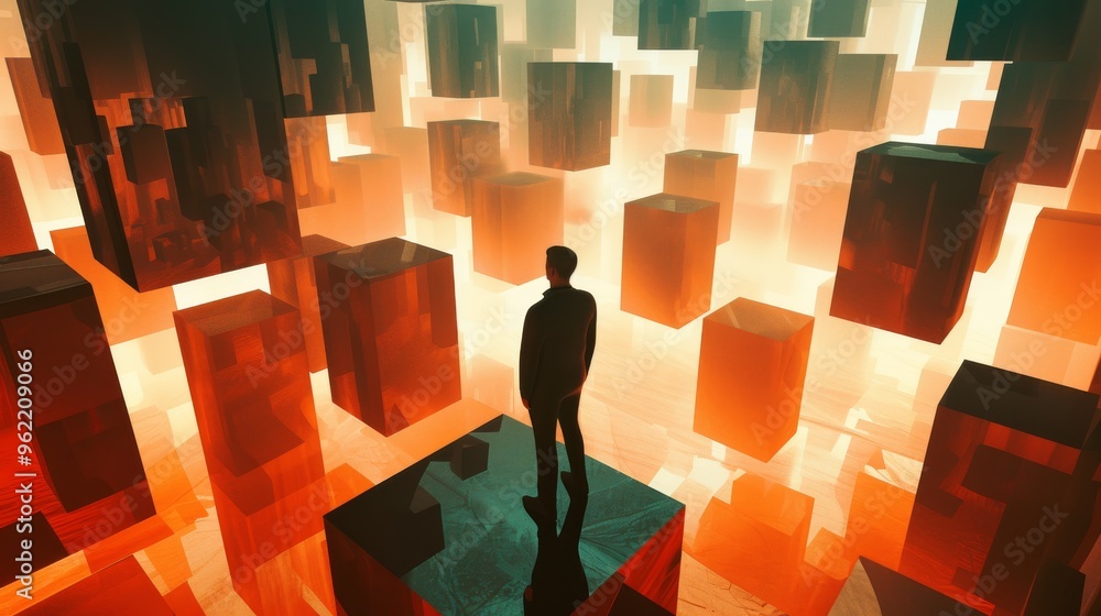 Poster a lone figure stands in a surreal environment filled with glowing, floating cubes of various sizes. 