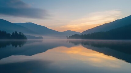 Obraz premium A serene lake surrounded by majestic mountains and dotted with fluffy white clouds above, while lush greenery frames the foreground