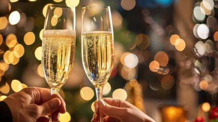 intimate new years eve toast crystal champagne flutes clinking in foreground blurred festive lights and smiling faces in background