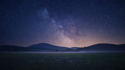 Fototapeta premium The night sky is brimming with stars and the Milky Way glows brilliantly above towering mountains and lush grass in the foreground
