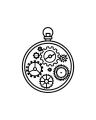 Line art illustration of an antique pocket watch disassembled, showing its gears and mechanics.